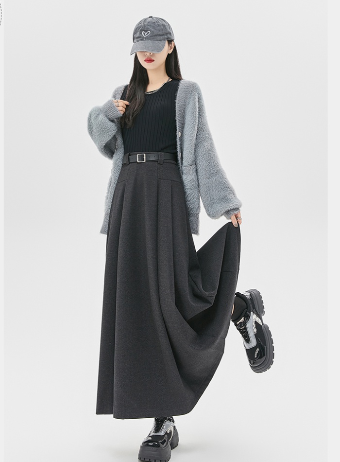 Pleated woolen long long skirt slim autumn skirt