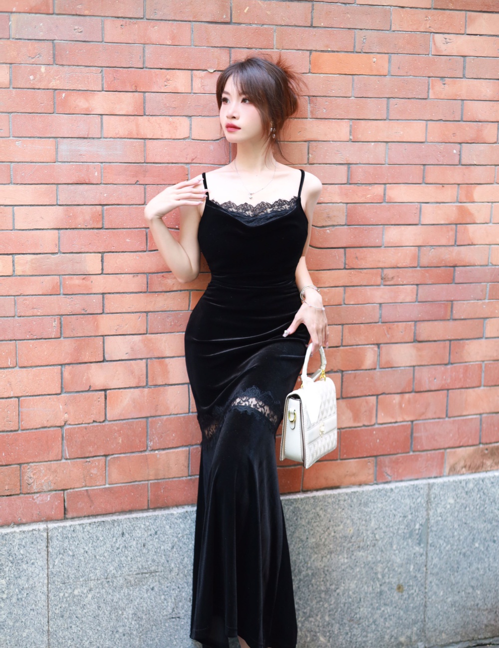 Velvet spicegirl lace long dress sling bottoming dress