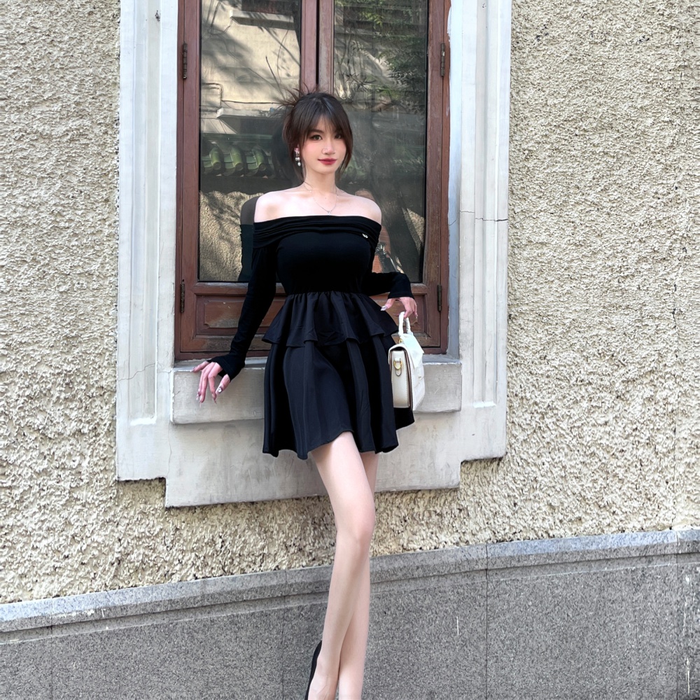 Hepburn style flat shoulder dress for women