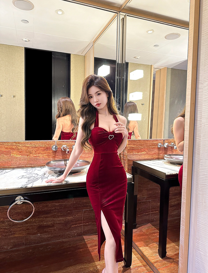 Red sling long dress split dress for women