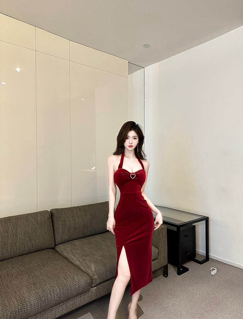 Red sling long dress split dress for women