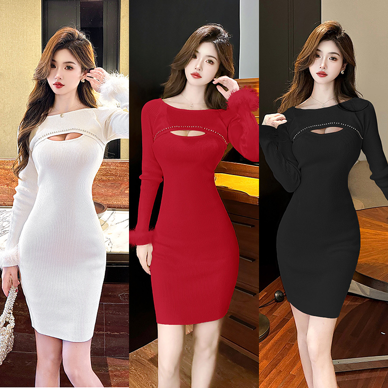 Sexy red slim hollow autumn and winter dress for women