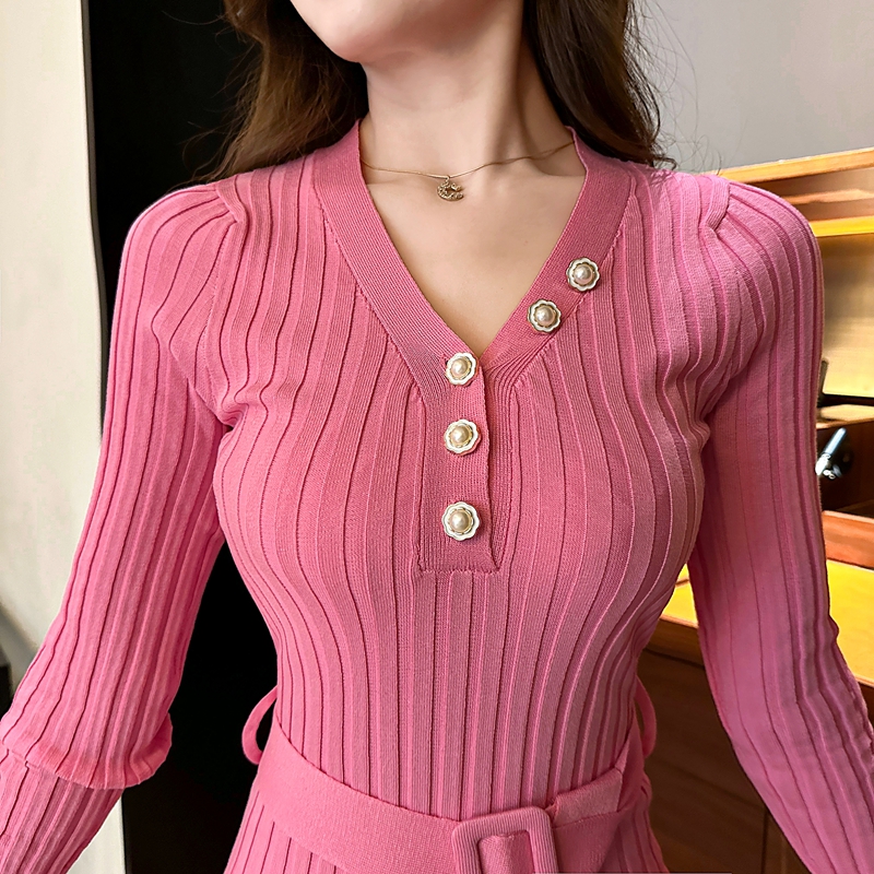 Pinched waist knitted dress long sleeve belt