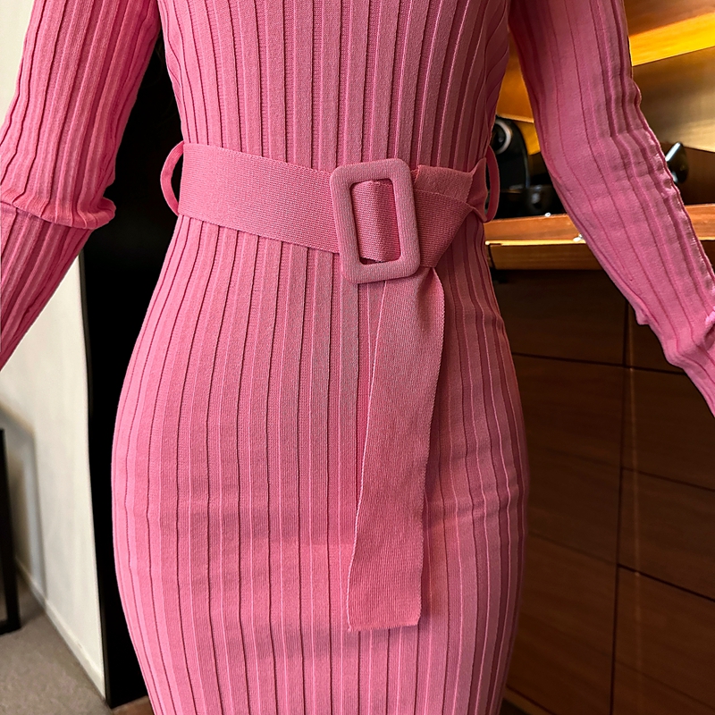 Pinched waist knitted dress long sleeve belt