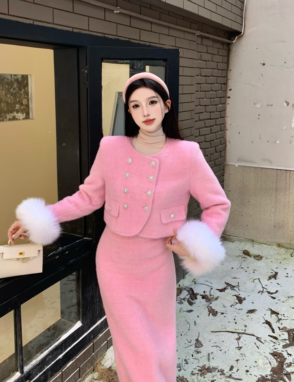 Cuff ladies long skirt clip cotton woolen coat a set