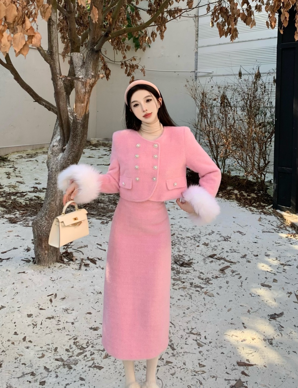 Cuff ladies long skirt clip cotton woolen coat a set