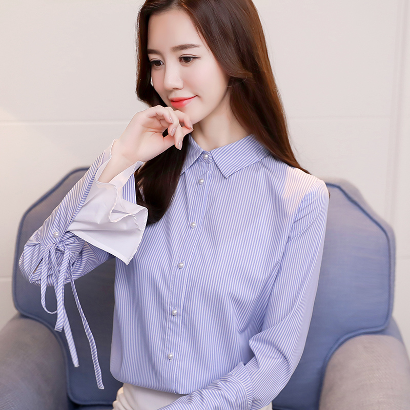 Stripe trumpet sleeves shirt lady spring tops for women
