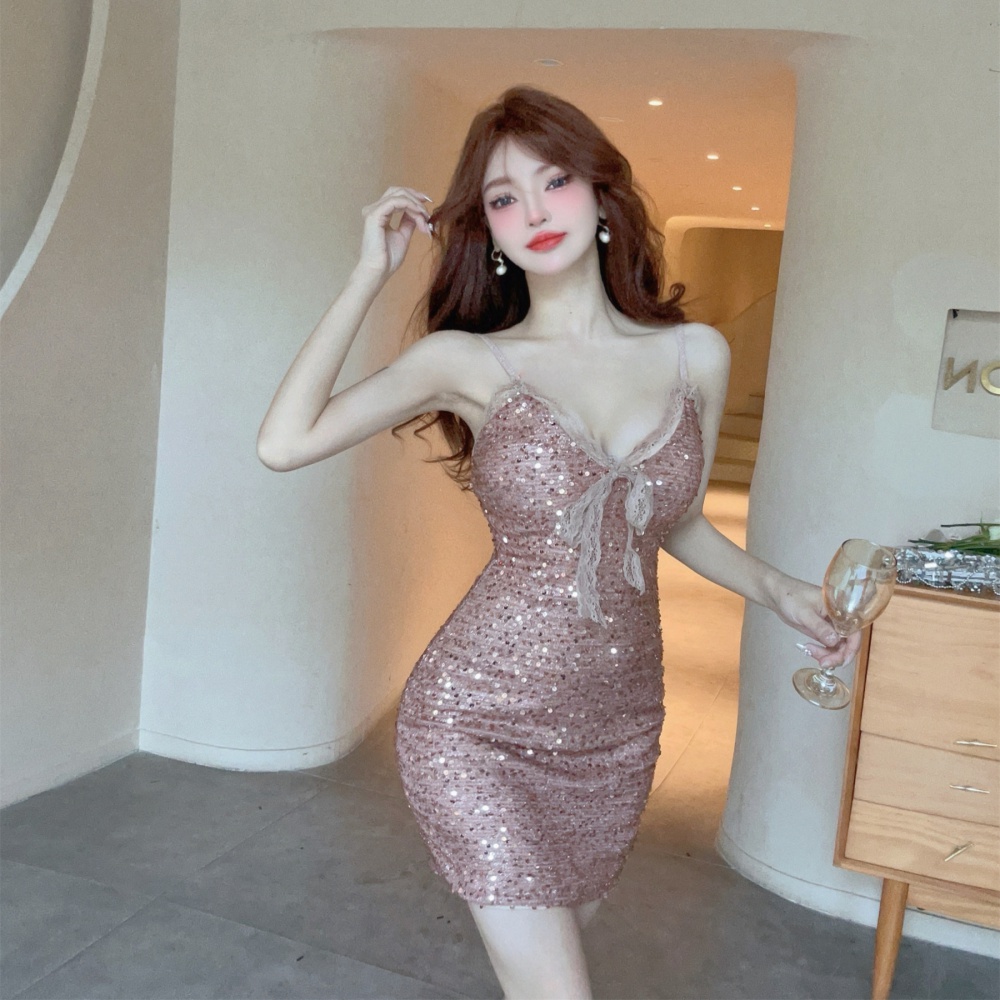 Low-cut sexy bottoming short package hip slim sling dress