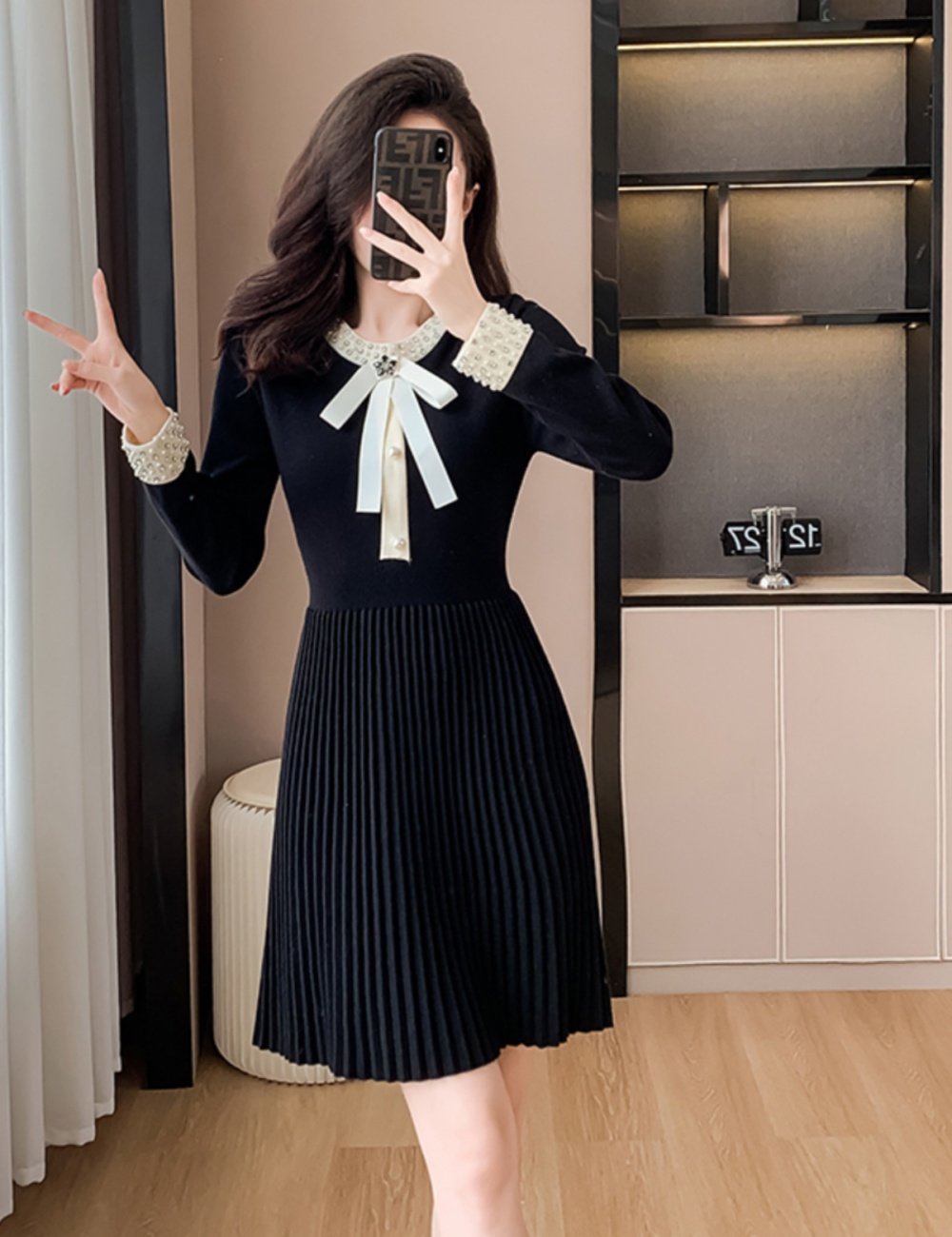 Pleated T-back autumn and winter dress for women