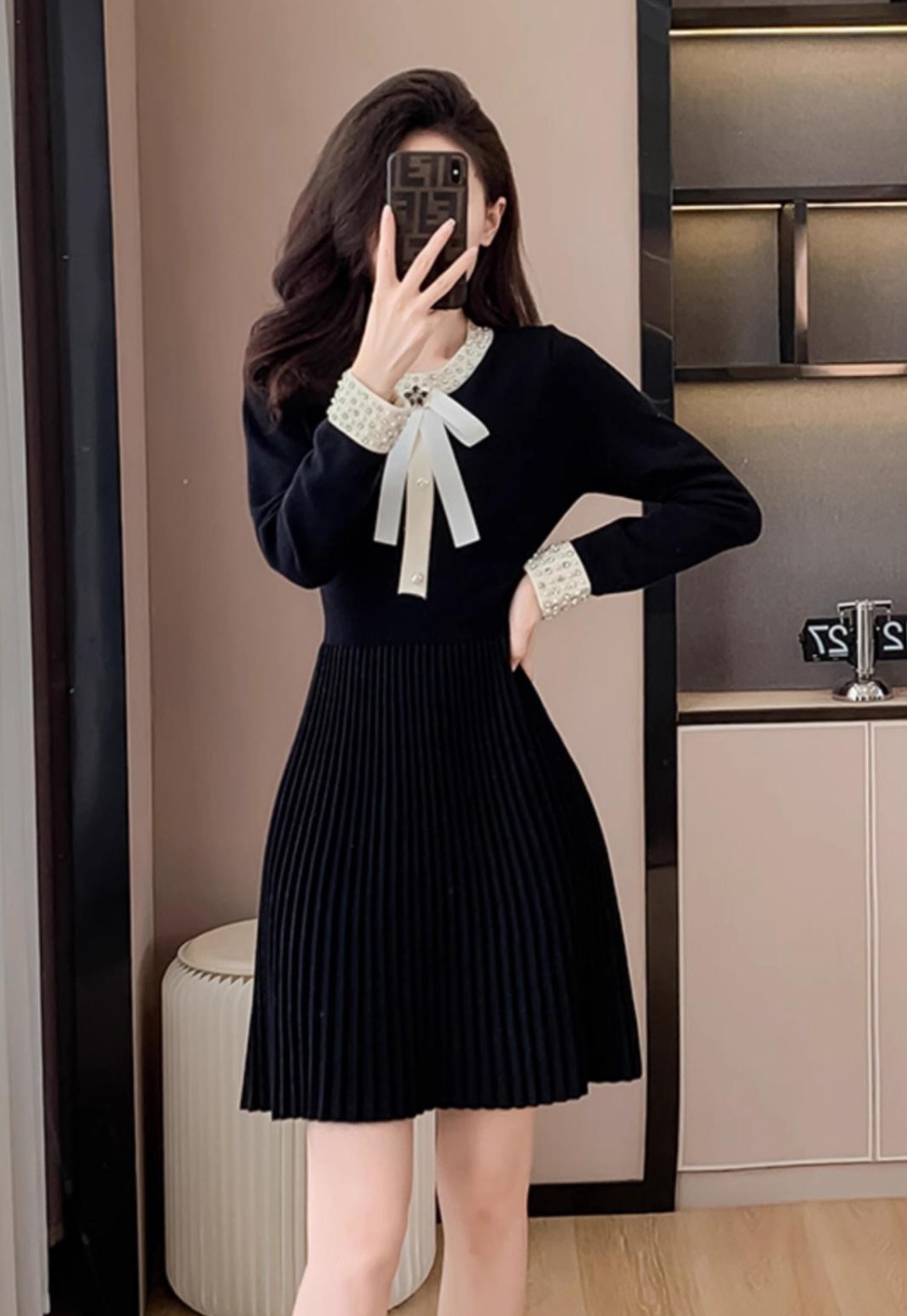 Pleated T-back autumn and winter dress for women