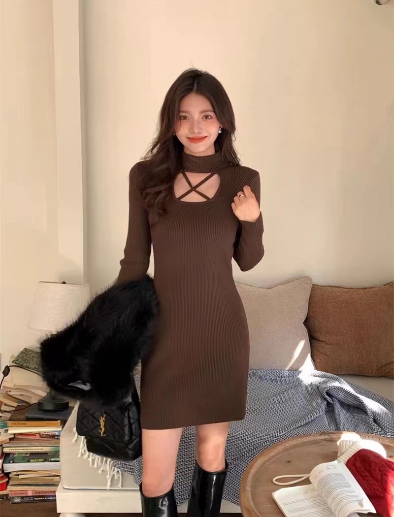 Lady long sleeve autumn and winter pure pullover dress