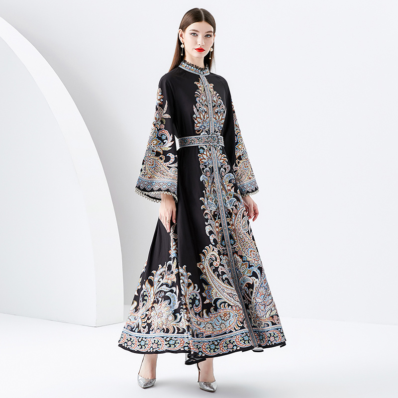 Trumpet sleeves long spring printing lace court style dress