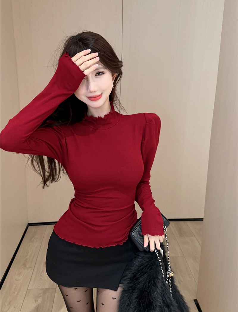 Winter lace tops wood ear puff sleeve bottoming shirt