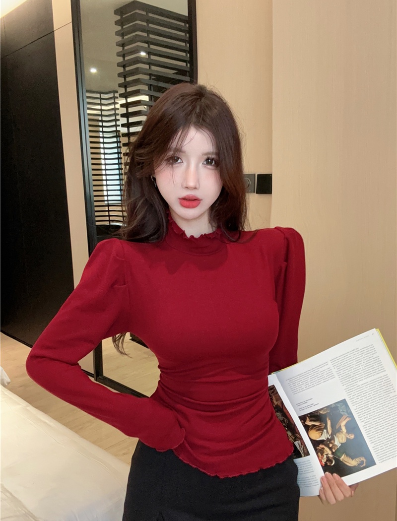Winter lace tops wood ear puff sleeve bottoming shirt