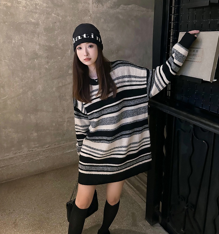 Loose slim lazy sweater stripe long tops for women