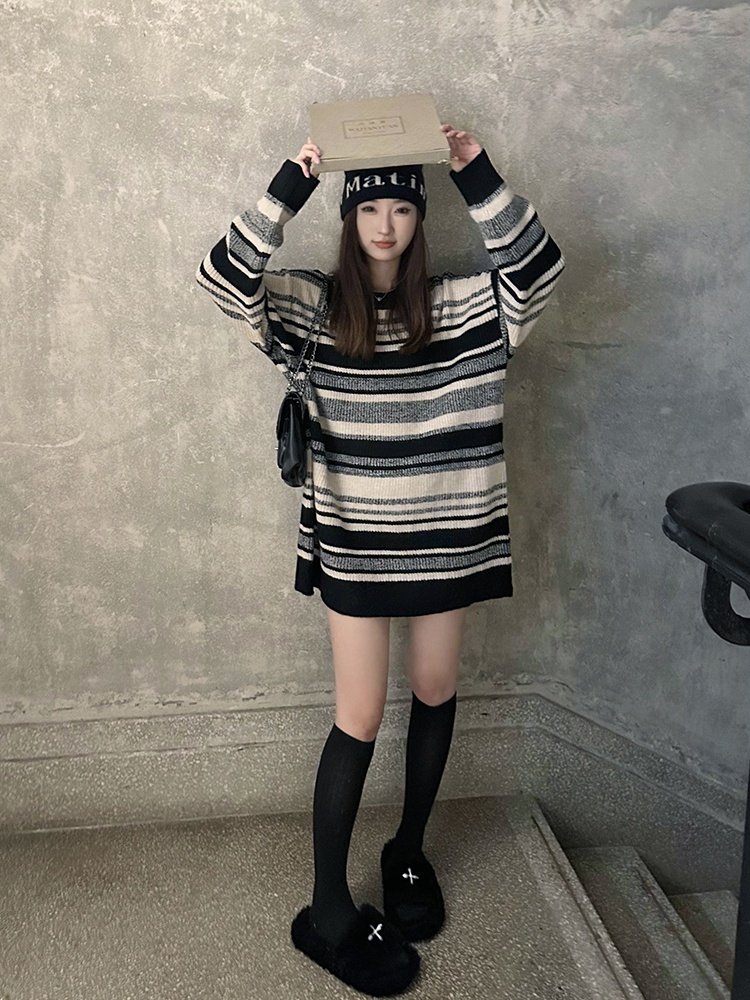 Loose slim lazy sweater stripe long tops for women