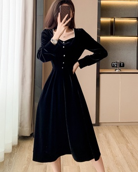 Black pinched waist long dress France style dress