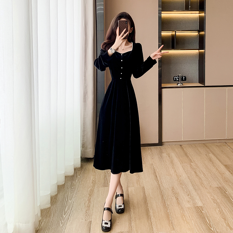 Black pinched waist long dress France style dress