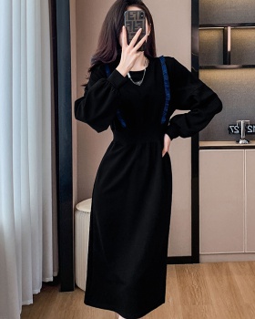Western style mixed colors hoodie black long dress
