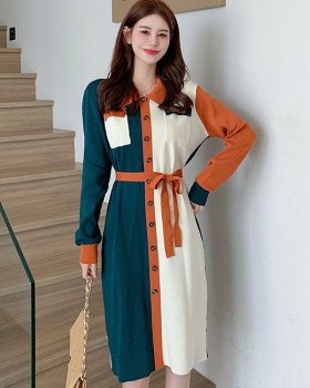 With belt slim retro knitted France style dress