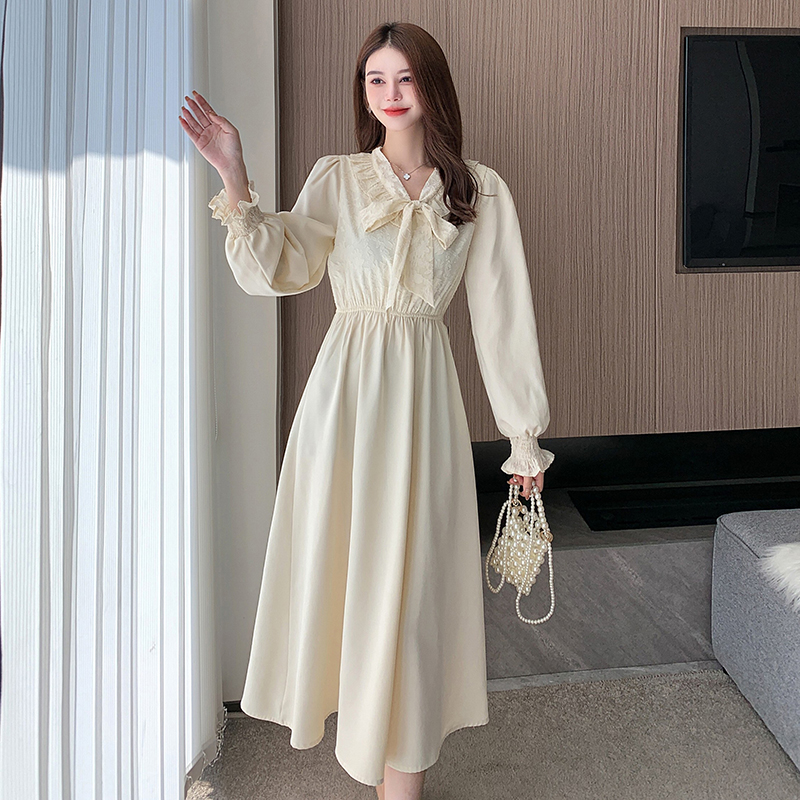 Pseudo-two sweet slim tender pinched waist long bow dress