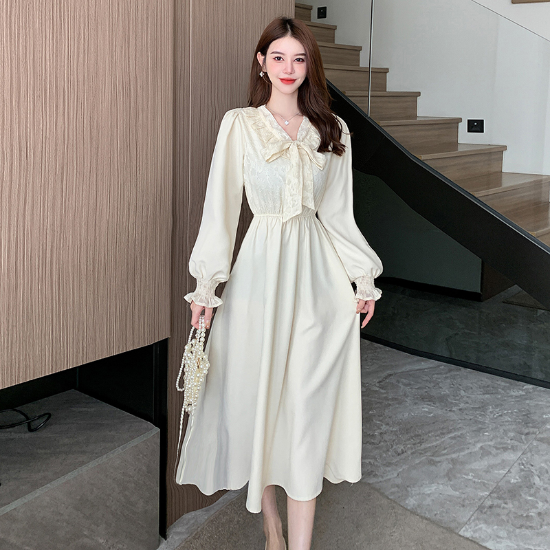 Pseudo-two sweet slim tender pinched waist long bow dress
