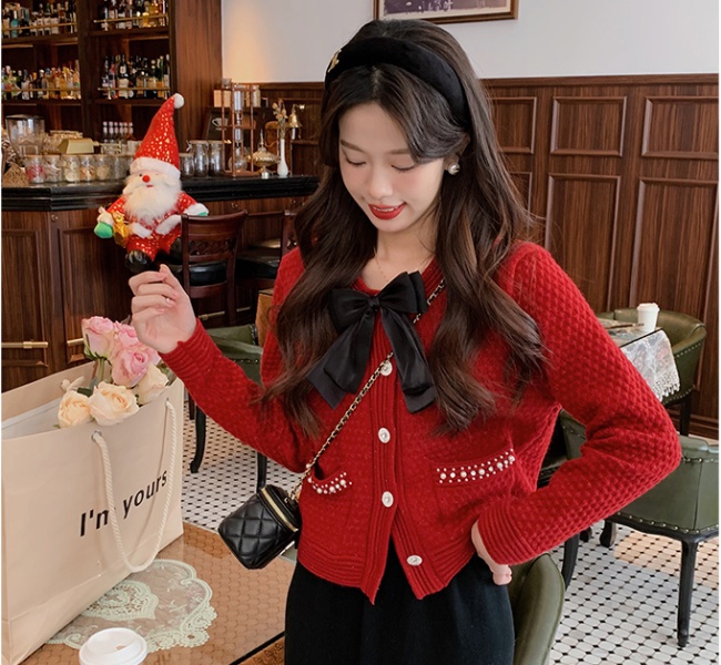 Bow chanelstyle maiden sweater beading knitted red tops