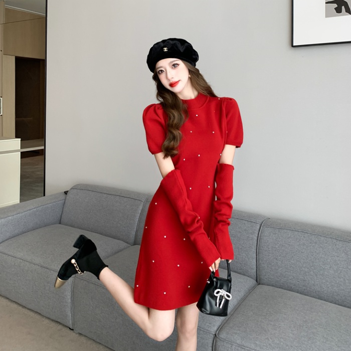 Knitted autumn and winter rhinestone dress for women
