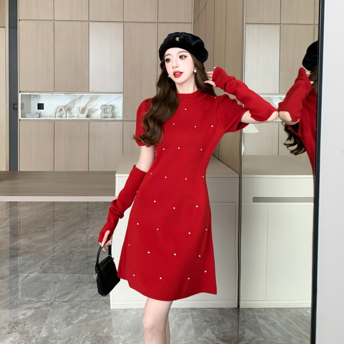 Knitted autumn and winter rhinestone dress for women