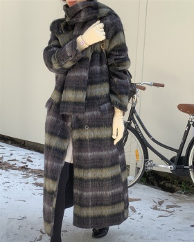Scarf plus cotton long plaid slim retro woolen coat