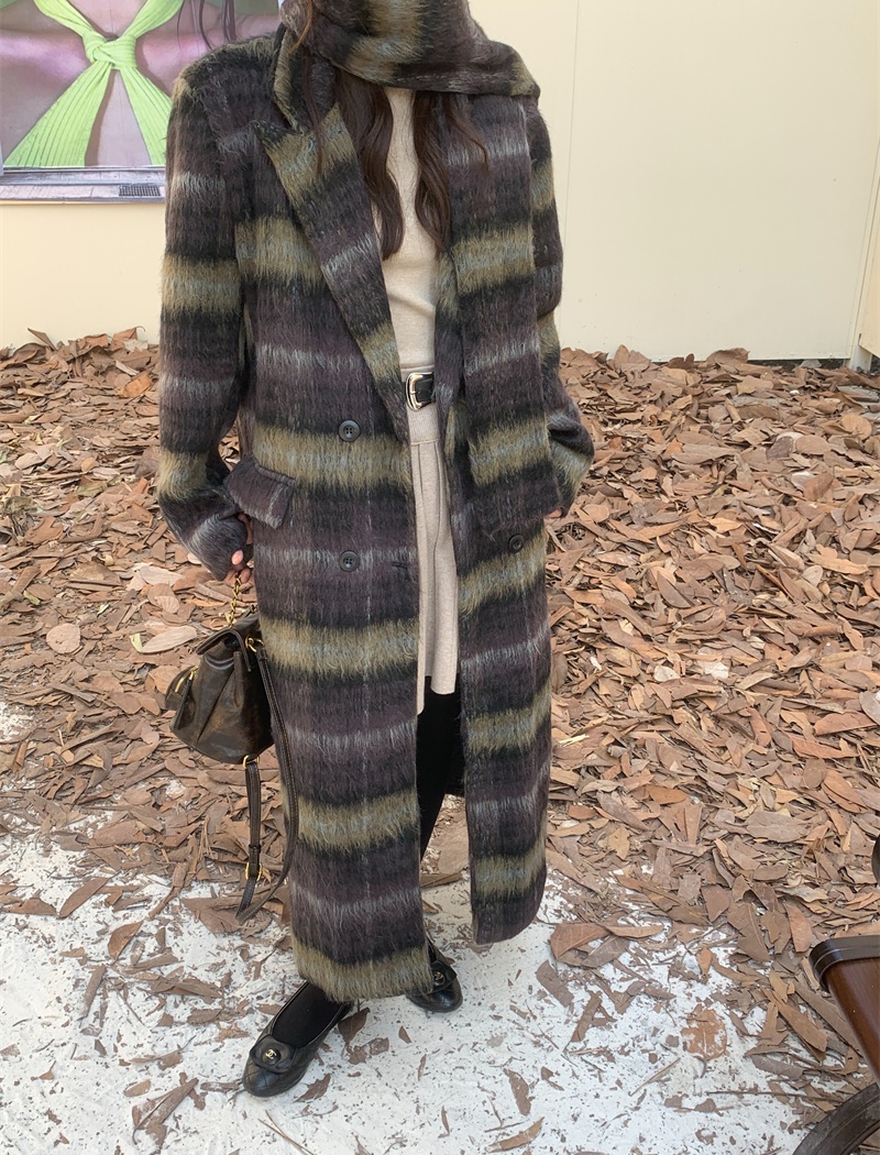 Scarf plus cotton long plaid slim retro woolen coat