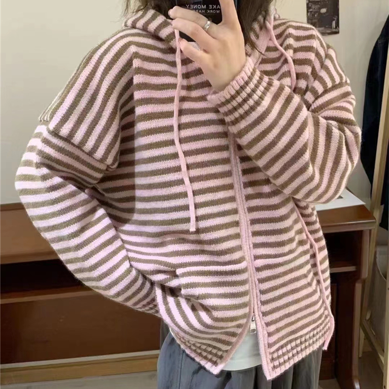 Knitted stripe coat Korean style double loose sweater for women