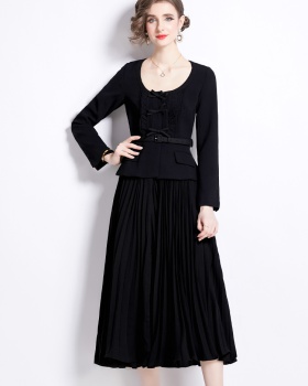 Court style spring long dress pleated with belt dress