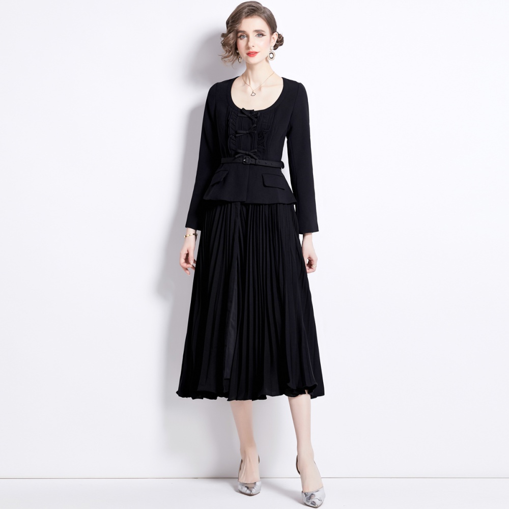Court style spring long dress pleated with belt dress