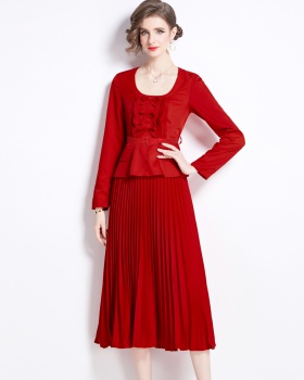 Pleated court style bow long dress spring Pseudo-two dress