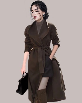 Frenum brown woolen coat Hepburn style overcoat for women