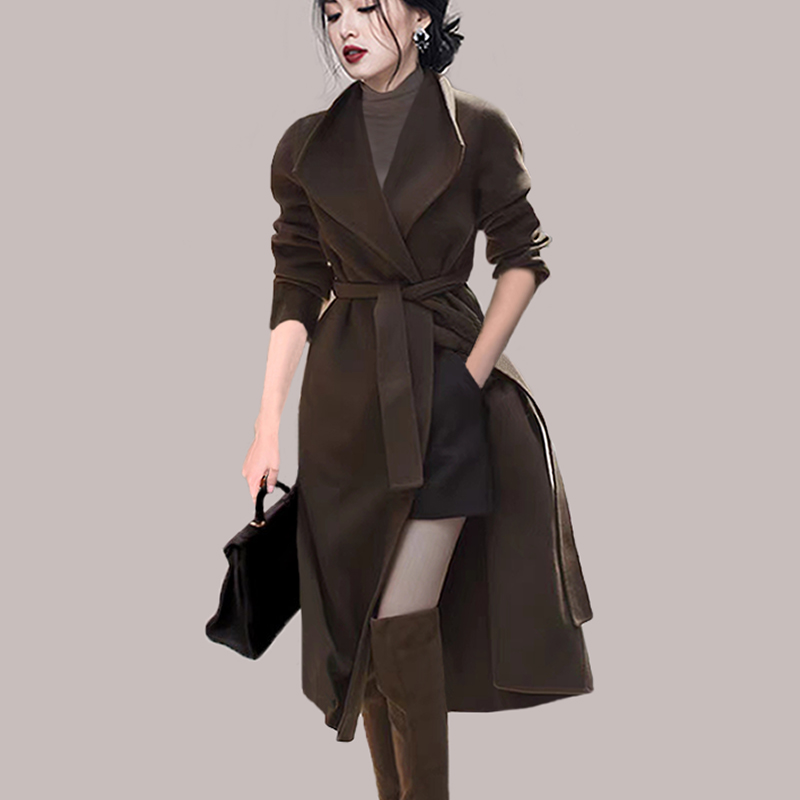 Frenum brown woolen coat Hepburn style overcoat for women