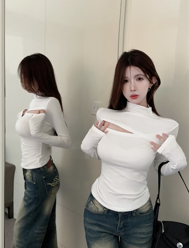 Long sleeve slim T-shirt hollow tops for women