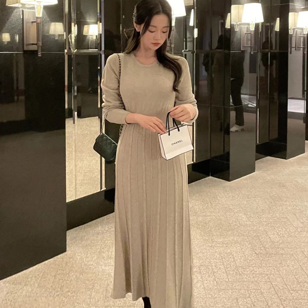 Korean style knitted France style pinched waist dress