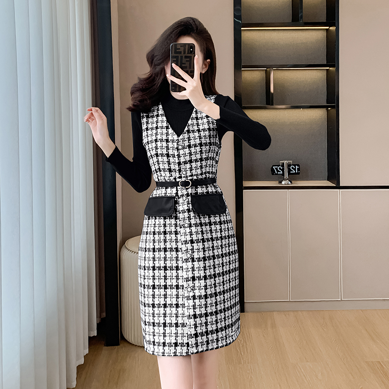 Woolen knitted strap dress winter plaid sweater 2pcs set