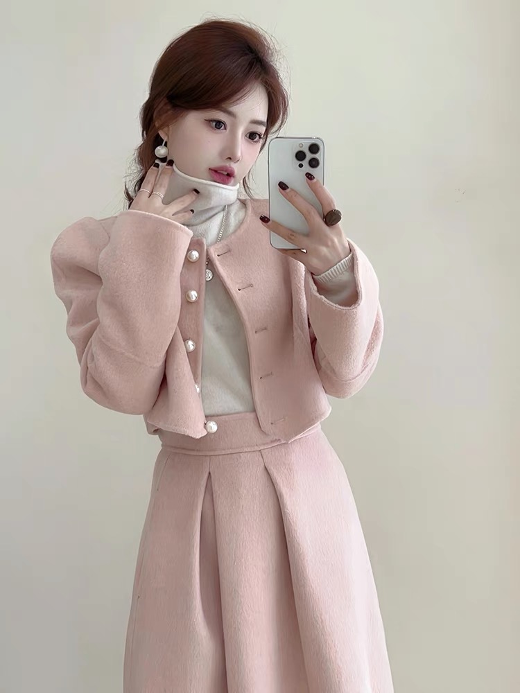 Woolen ladies skirt short pearl buckle coat 2pcs set