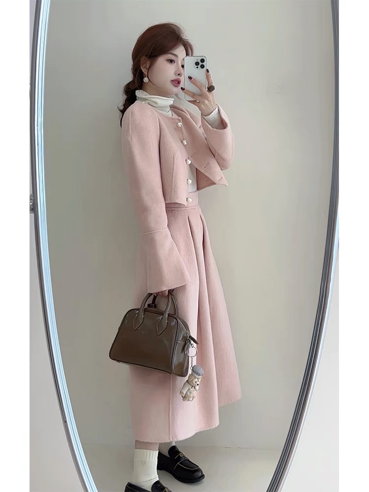 Woolen ladies skirt short pearl buckle coat 2pcs set