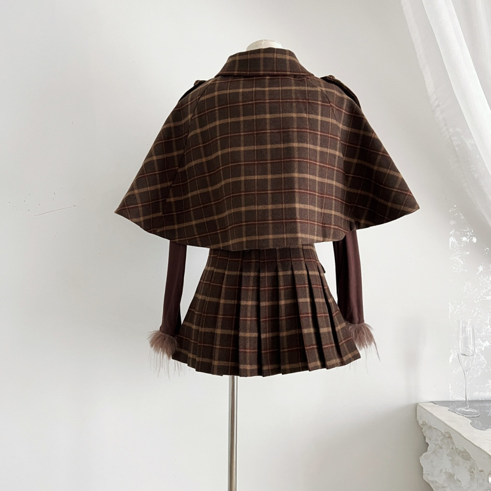 Retro college style short skirt plaid tops 2pcs set