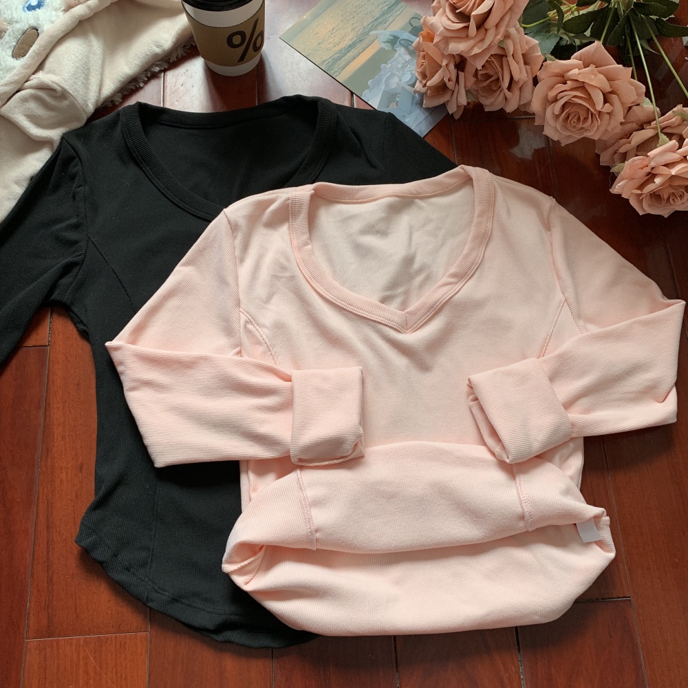 V-neck thermal tops sueding bottoming shirt for women