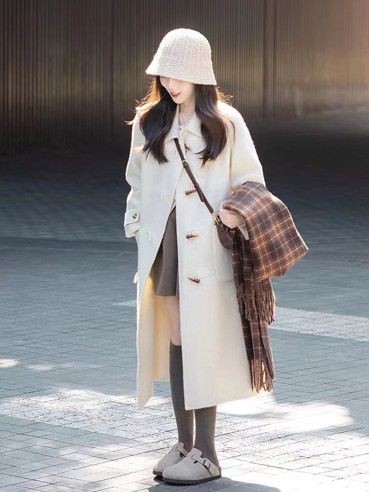Korean style white overcoat thick woolen coat for women