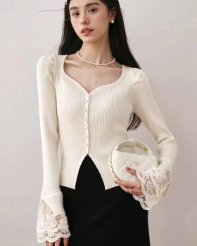Long sleeve bottoming slim cardigan V-neck niche lace tops