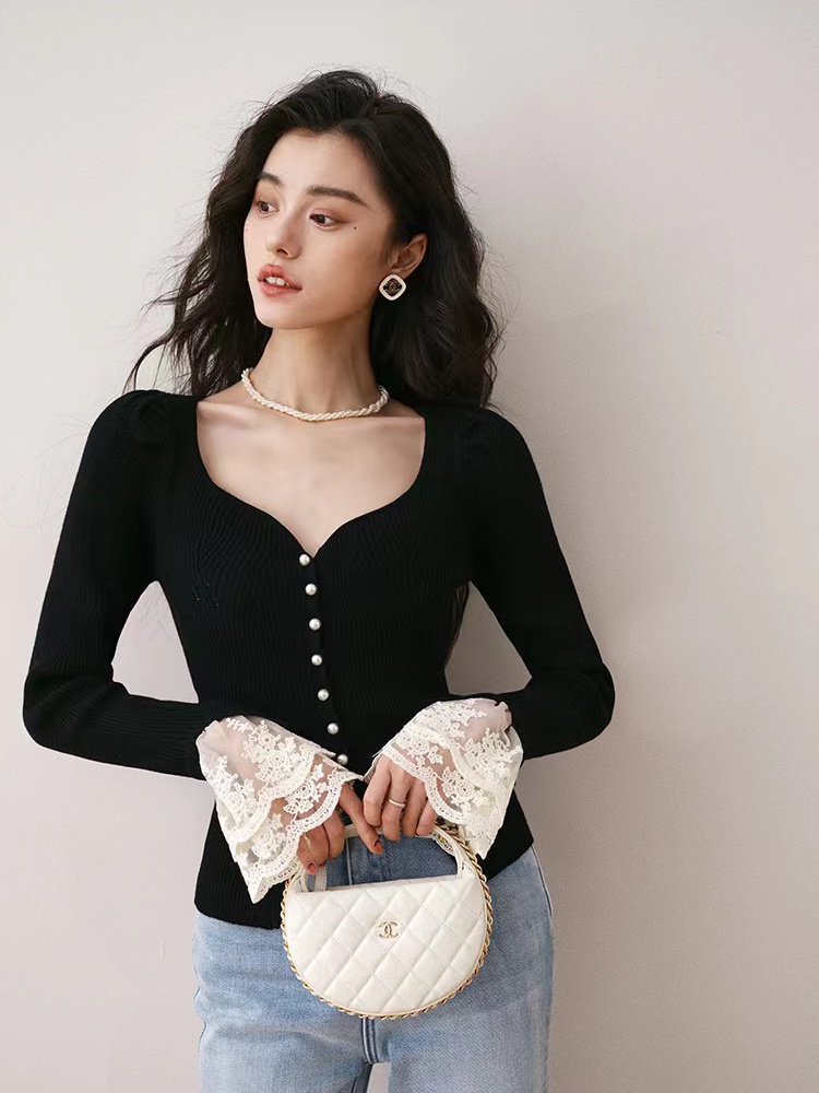 Long sleeve bottoming slim cardigan V-neck niche lace tops