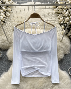 Spring halter T-shirt short flat shoulder tops for women