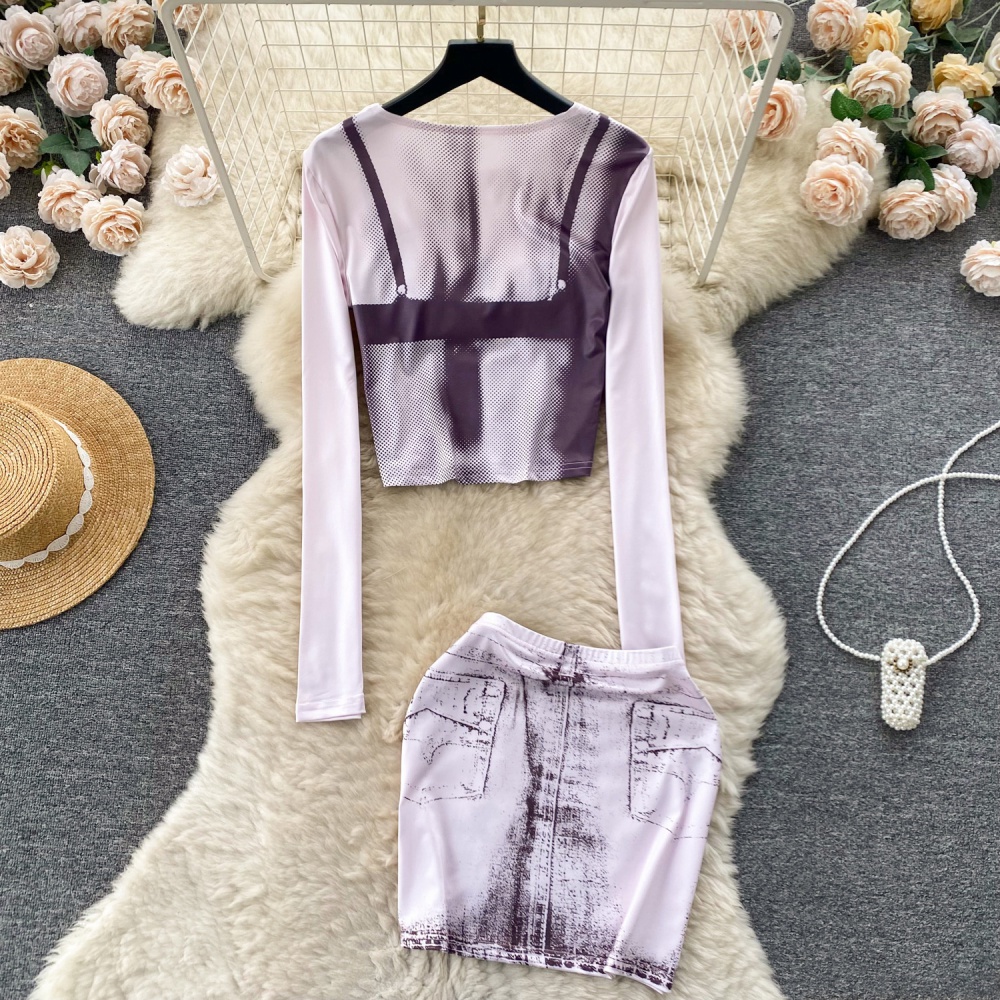 Printing fashionable tops long sleeve skirt 2pcs set for women