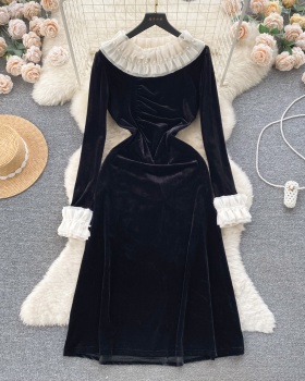 Retro velvet dress autumn and winter long dress for women